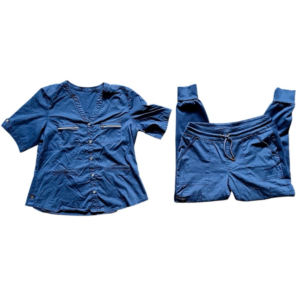 Jaanuu Scrubs Set Shirt Blue Jogger Pants Comfortable Durable Lightweight EUC L